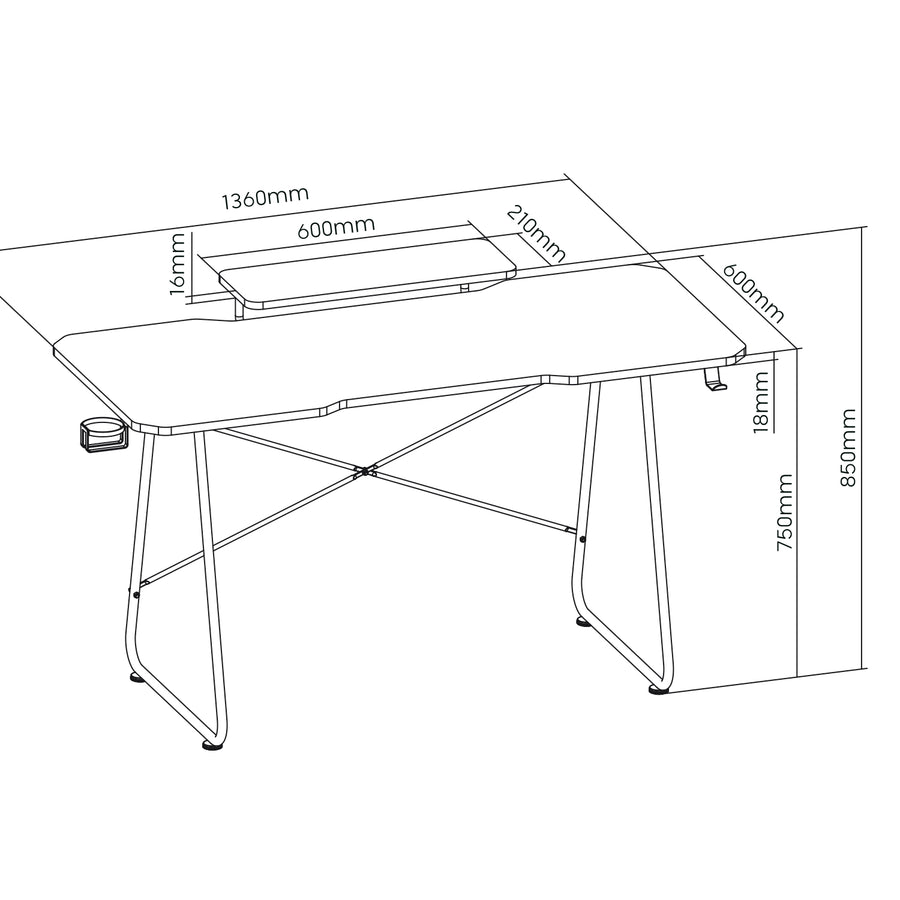 Gamingbord med monitorhylla NanoRS, 50kg max, höjd 850mm, svart, RS170+Kabelarrangör / bordsgaller Nano RS, 1345mm, svart och röd, RS125