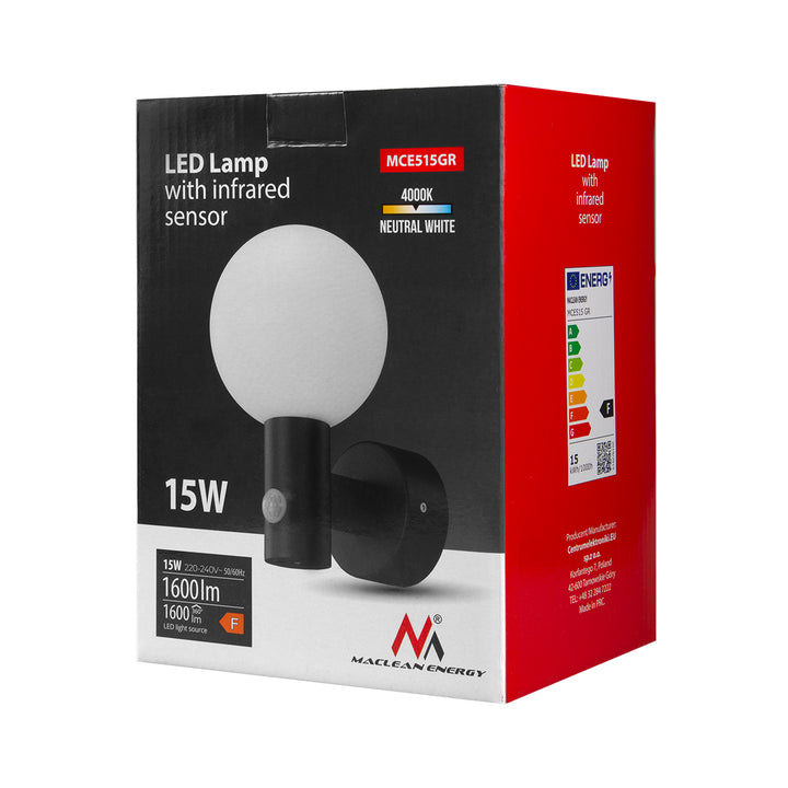 Maclean rörelsesensor LED-lampa, PIR rörelsesensor, grå, 15W, IP65, 1600lm, neutralvit (4000K) MCE515 GR, 2 st