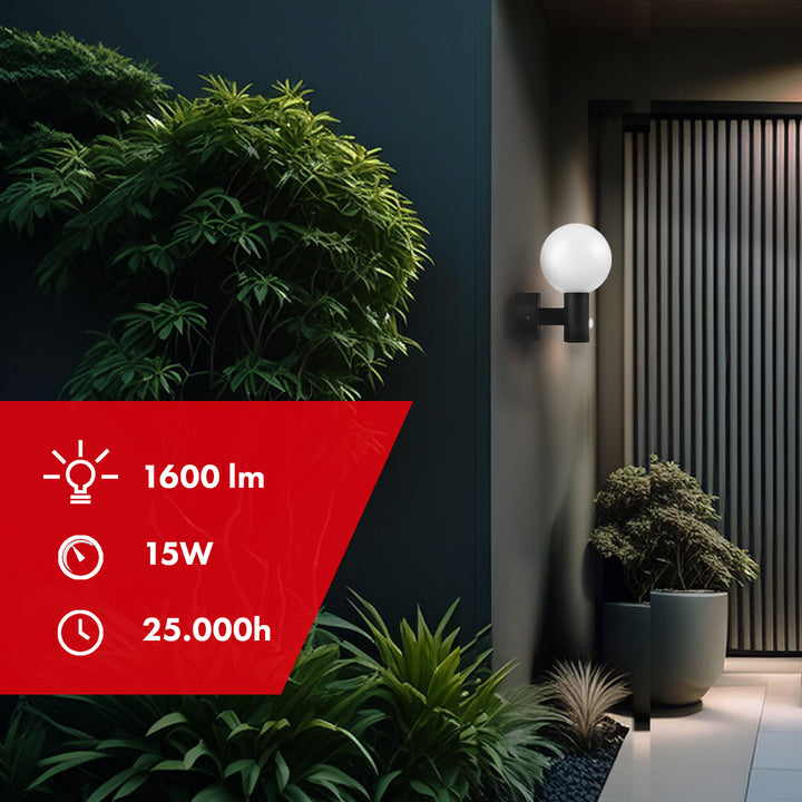 Maclean rörelsesensor LED-lampa, PIR rörelsesensor, svart, 15W, IP65, 1600lm, neutralvit (4000K) MCE515 B, 2 st