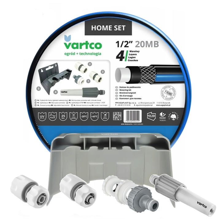 Vartco trädgårdsset, 1/2'' 20m slang, stop and go snabbkoppling, krananslutning, sprinkler, väggfäste, Home Set