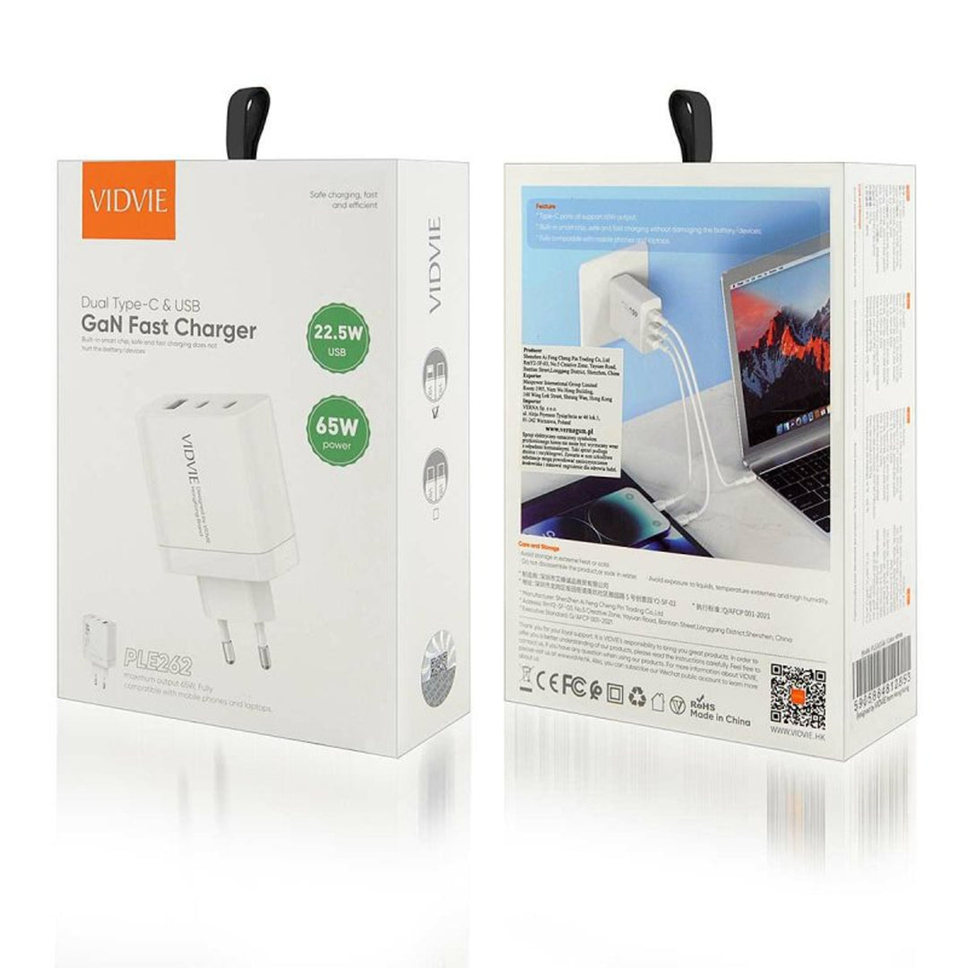 VIDVIE nätladdare, 3A, 65W, 2x USB-C, 1x USB, USB-C/Iphone-kabel, PLE262