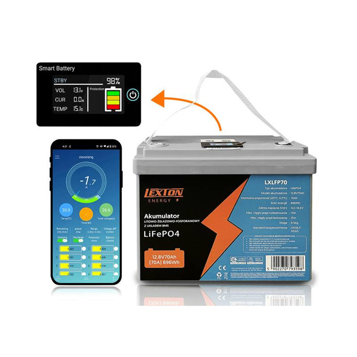 Lexton litiumjärnfosfat LiFePo4-batteri, med BMS, 12,8V, 70Ah, LXLFP70