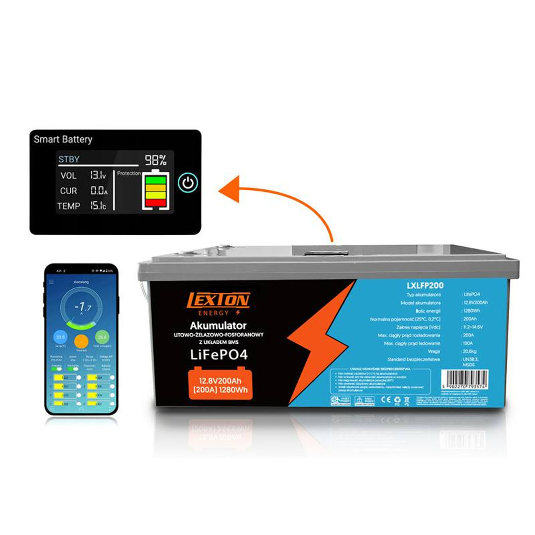 LiFePo4 Lexton litium-järnfosfatbatteri, med BMS, 12,8V, 200Ah, LXLFP200