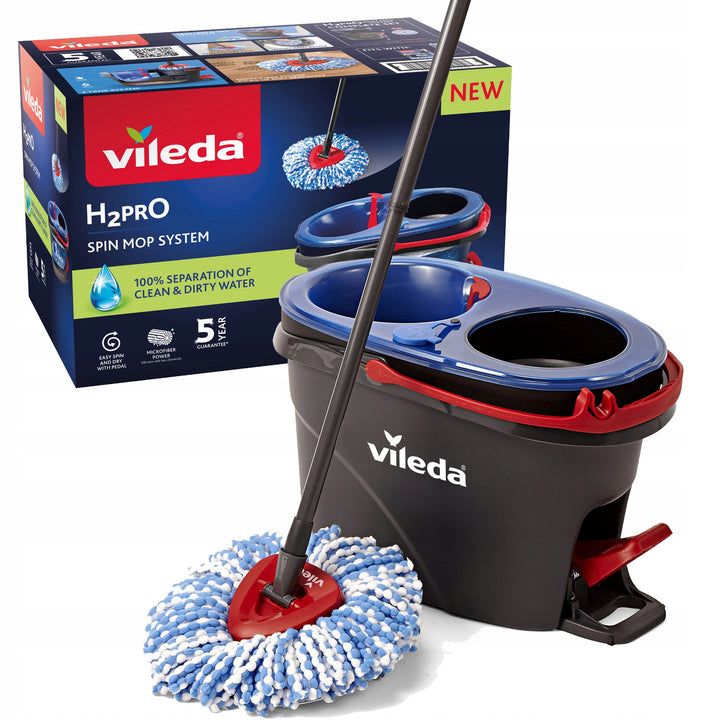 Vileda roterande mopp, två kammare, centrifugeringssystem, vikbart skaft, enkel rengöring av hörn, turbo H2prO