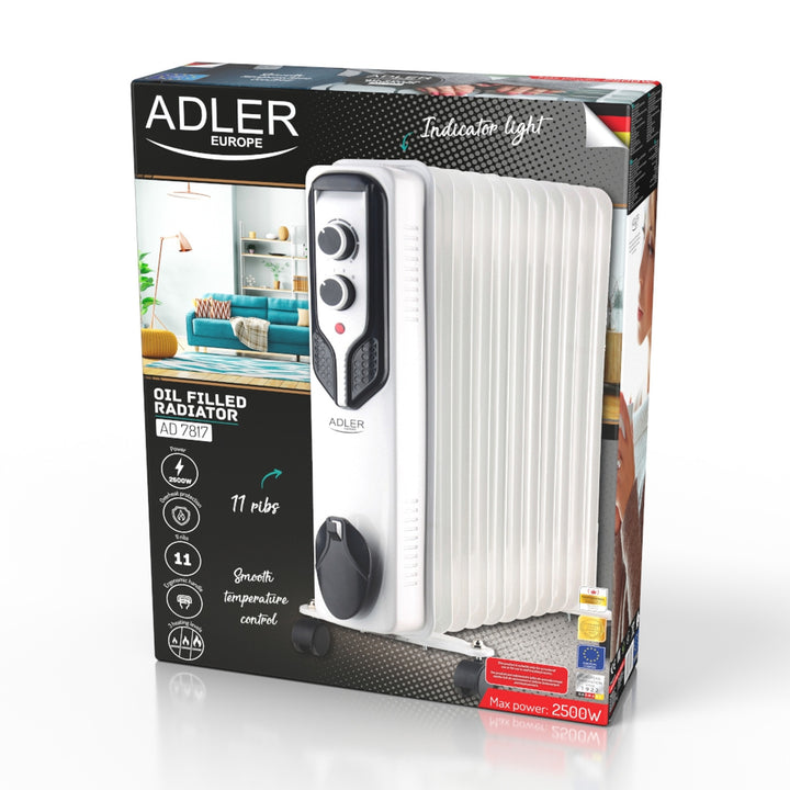 Adler oljevärmare, 11 lameller, effekt 2500W, 3 värmenivåer, vit, AD 7817