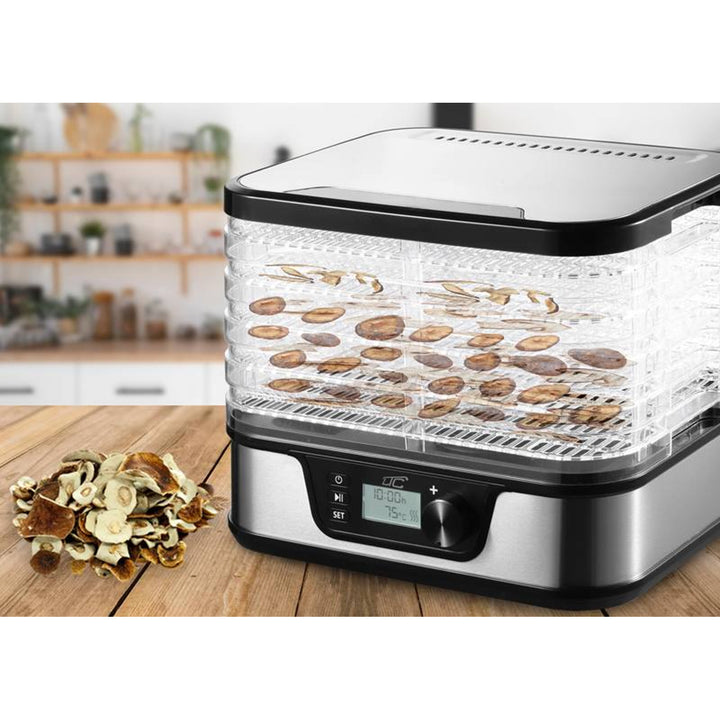 Torktumlare för svamp, grönsaker, frukt, kött LTC, justerbar effekt, halkfri botten, 5 brickor, diskmaskinssäker, metall, med display, LXSR002