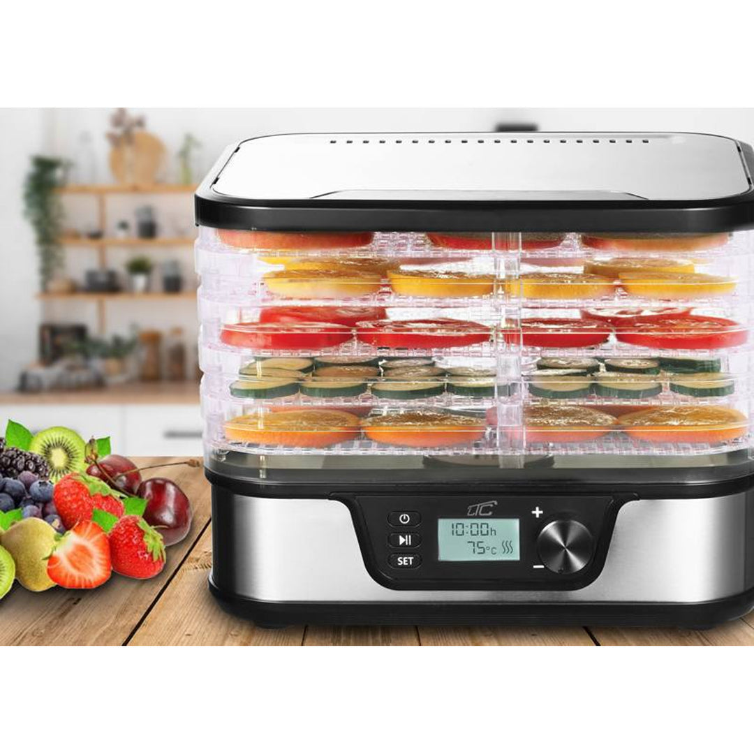 Torktumlare för svamp, grönsaker, frukt, kött LTC, justerbar effekt, halkfri botten, 5 brickor, diskmaskinssäker, metall, med display, LXSR002