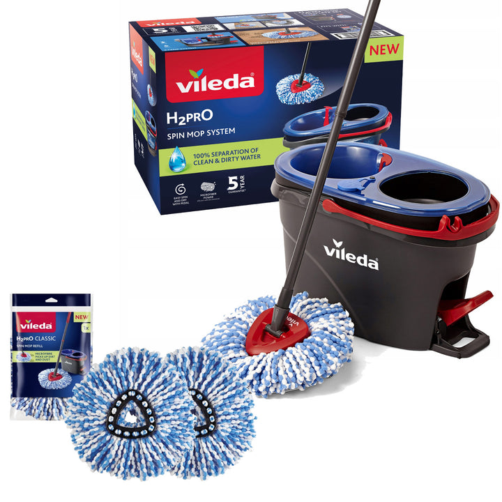 Vileda roterande mopp, två kammare, centrifugeringssystem, vikbart skaft, enkel rengöring av hörn, turbo H2prO + 2 extra patroner