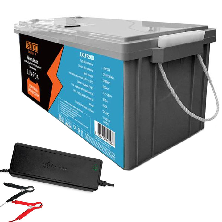 LiFePO4 Lexton litiumjärnfosfatbatteri, med BMS, 12,8V, 200Ah, LXLFP200 + LTC Energy LiFePO4 batteriladdare