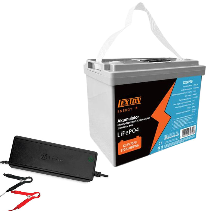 Lexton litiumjärnfosfat LiFePO4-batteri, med BMS, 12,8V, 70Ah, LXLFP70 + LTC Energy LiFePO4-batterilikriktare