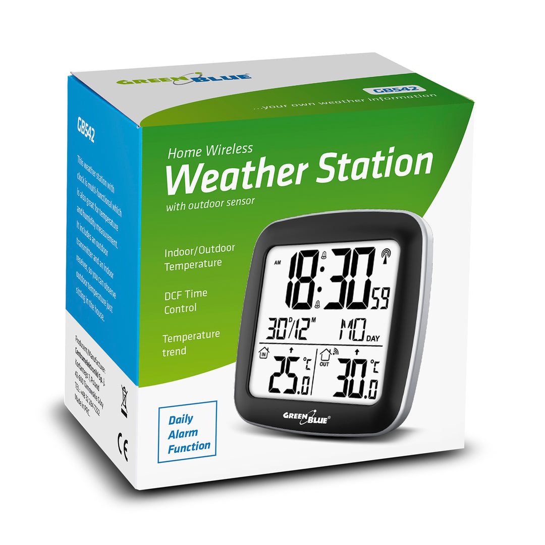 GreenBlue trådlös väderstation, med DCF, kalender, larm, GB542 + 4x Varta Industrial AAA alkaliskt batteri