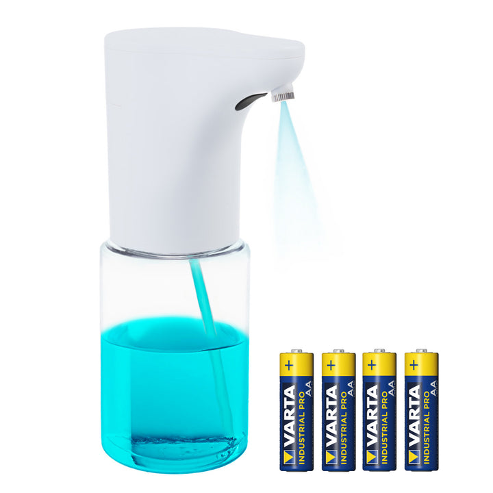 Promedix automatisk dispenser, dispenseringsbehållare för flytande tvål, desinfektionsvätskor, 300 ml, vit, PR-540 W + 4 Varta Industrial AA-batterier