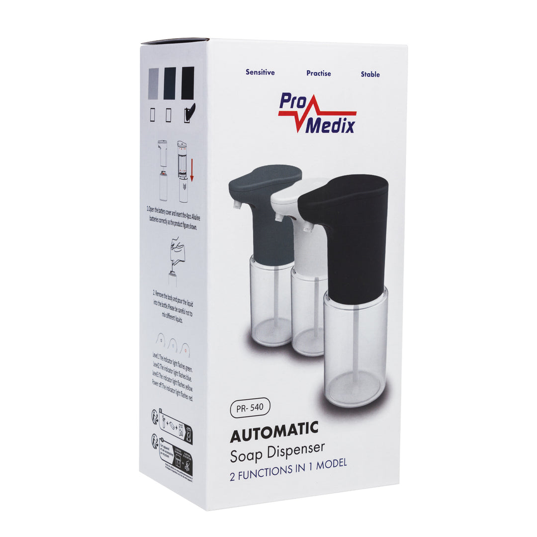 Promedix automatisk dispenser, dispenserbehållare för flytande tvål, desinfektionsvätskor, 300 ml, svart, PR-540 B + 4 AA Varta Industrial-batterier