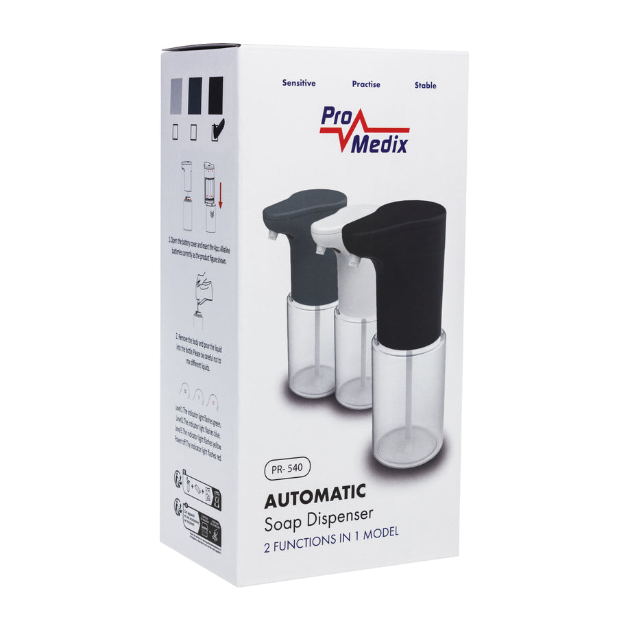 Promedix automatisk dispenser, dispenserbehållare för flytande tvål, desinfektionsvätskor, 300 ml, svart, PR-540 B + 4 AA Varta Industrial-batterier