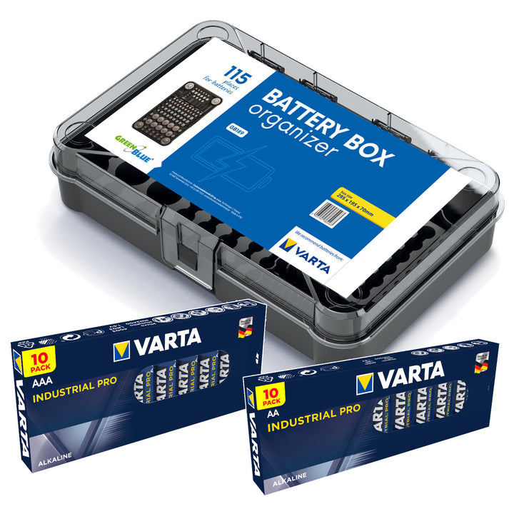 Organizer för batterier GreenBlue Varta Box GB189 + 10x batterier AA i 10x batterier AAA Varta Industrial