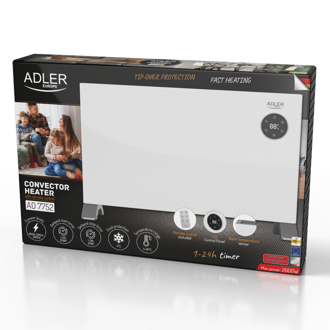 Värmekonvektor Adler, LED-display, fjärrkontroll, 3 värmenivåer, termostat, max 2000W, AD 7752