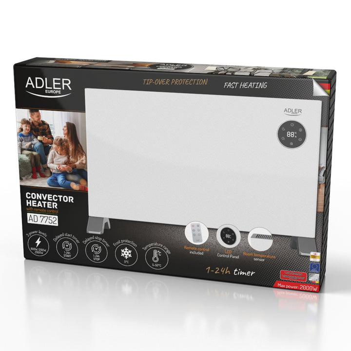 Värmekonvektor Adler, LED-display, fjärrkontroll, 3 värmenivåer, termostat, max 2000W, AD 7752