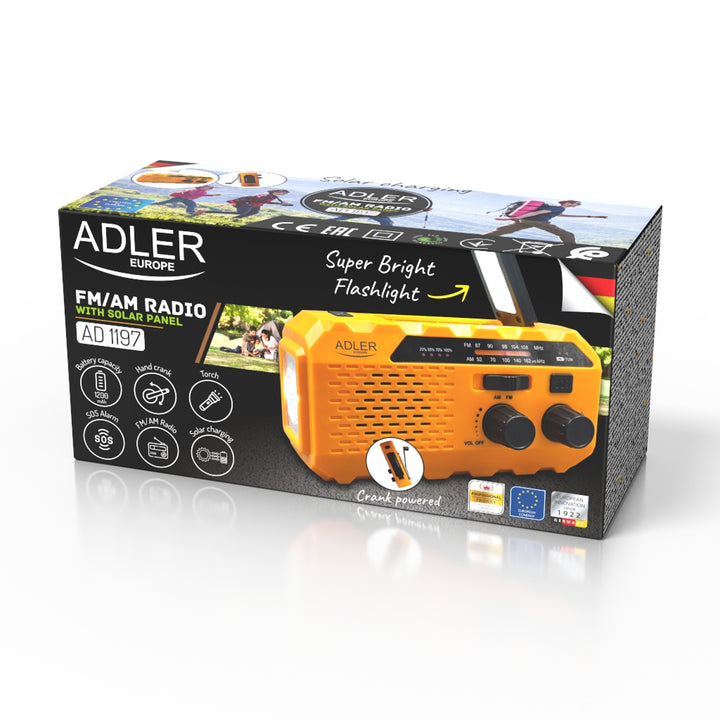 Adler solradio, 1200 mAh uppladdningsbart batteri, ficklampa, handvev, AD 1197