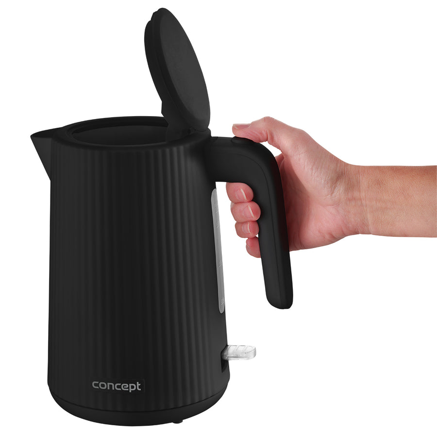 Vattenkokare Concept i plast, 1,7L, räfflad design, trippelsäkerhetssystem, sedimentfilter, vattennivåindikator, svart, RK2391