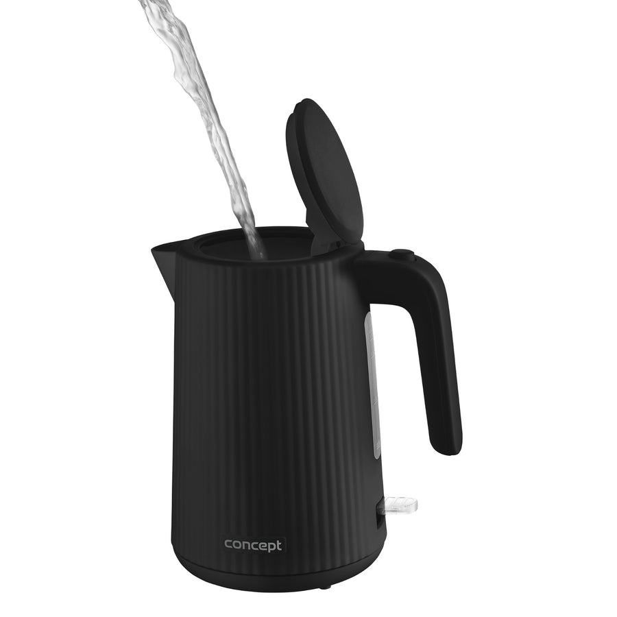 Vattenkokare Concept i plast, 1,7L, räfflad design, trippelsäkerhetssystem, sedimentfilter, vattennivåindikator, svart, RK2391