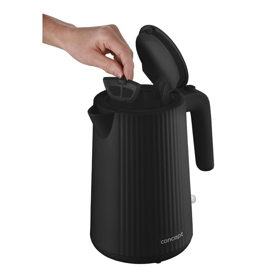 Vattenkokare Concept i plast, 1,7L, räfflad design, trippelsäkerhetssystem, sedimentfilter, vattennivåindikator, svart, RK2391