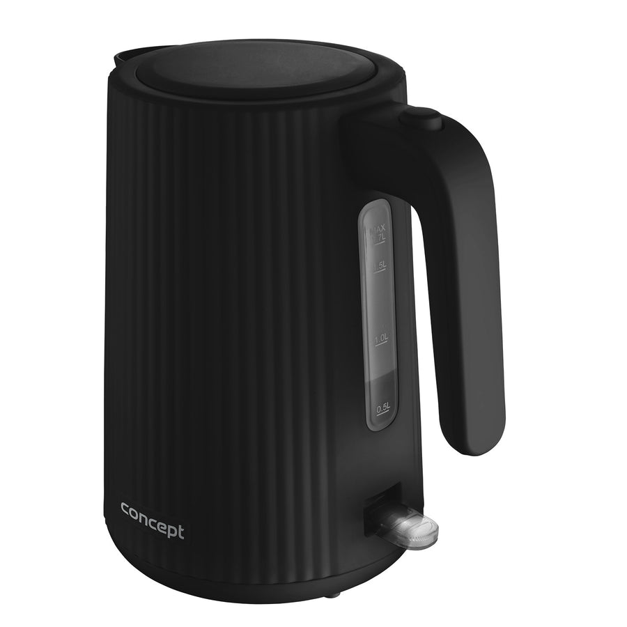Vattenkokare Concept i plast, 1,7L, räfflad design, trippelsäkerhetssystem, sedimentfilter, vattennivåindikator, svart, RK2391