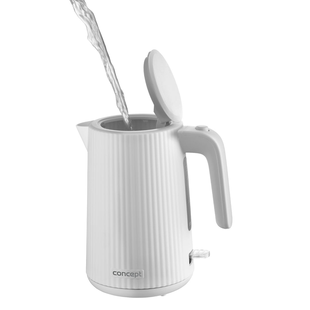 Vattenkokare Concept i plast, 1,7L, räfflad design, trippelsäkerhetssystem, sedimentfilter, vattennivåindikator, vit, RK2390