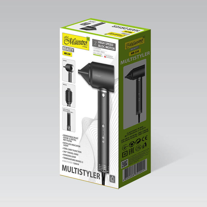 Maestro multistyler/hårvårdsset, hårfön, torkborste, automatisk locktång, 1200W effekt, 2 temperaturinställningar + kallblåsning, MR-230