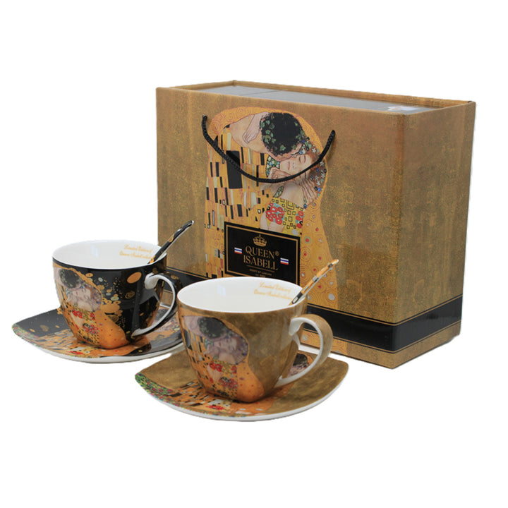 Set om 2 koppar av drottning Isabells porslin, Klimts Kiss-motiv, teskedar, 250ml, W25KL60-2-19000