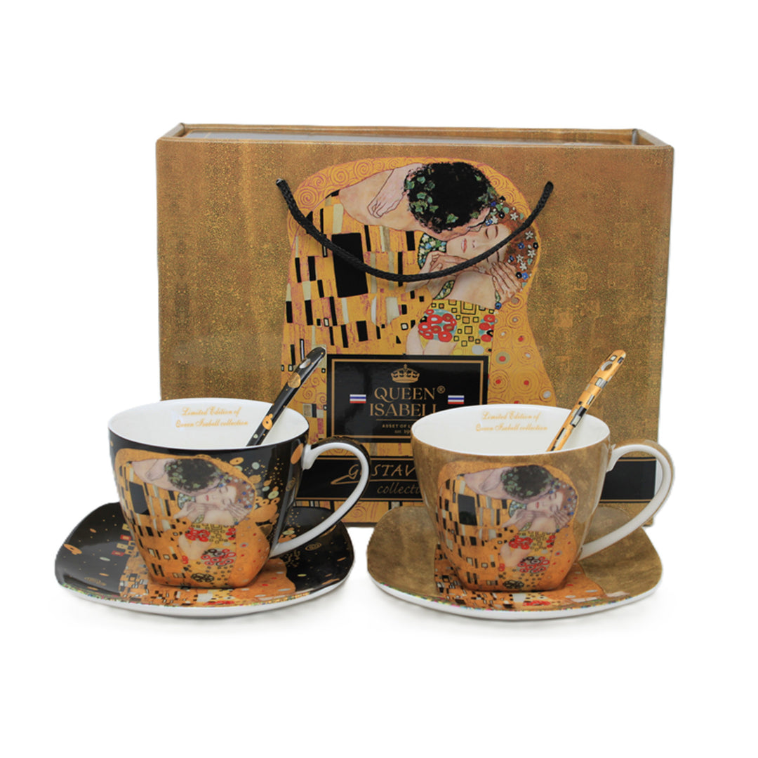 Set om 2 koppar av drottning Isabells porslin, Klimts Kiss-motiv, teskedar, 250ml, W25KL60-2-19000