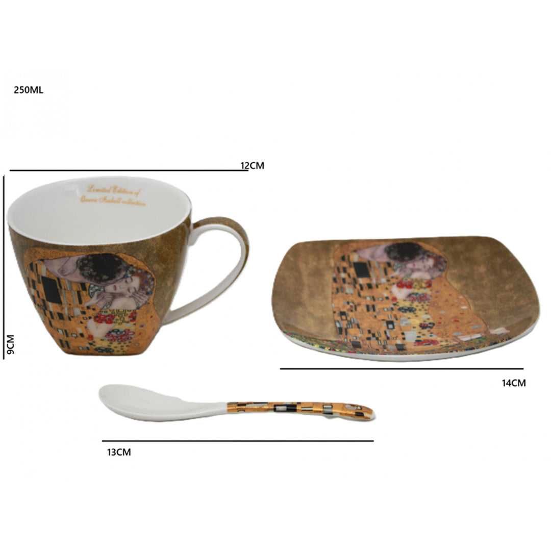 Set om 2 koppar av drottning Isabells porslin, Klimts Kiss-motiv, teskedar, 250ml, W25KL60-2-19000