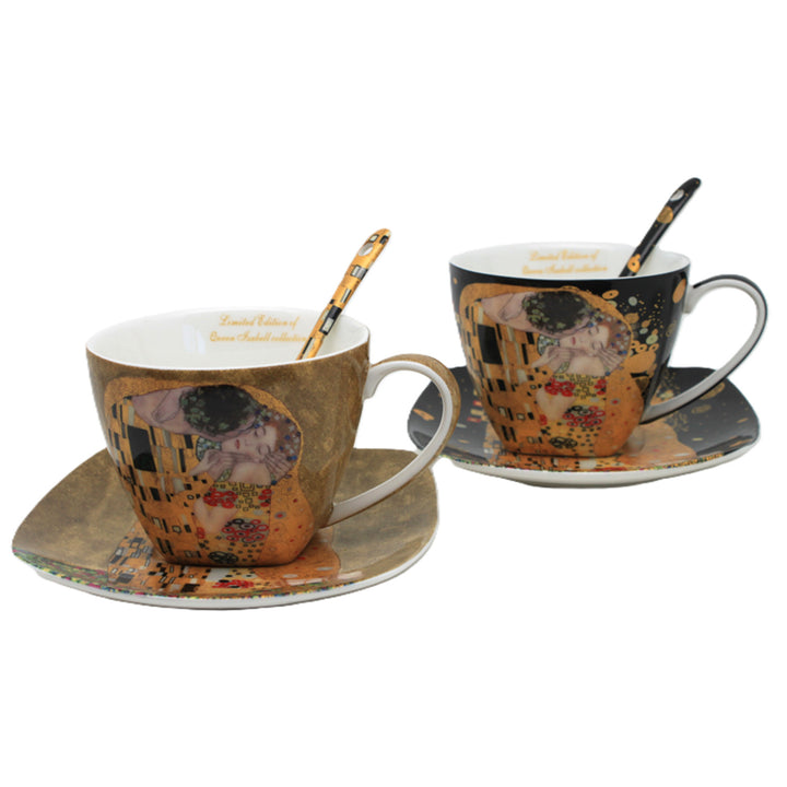 Set om 2 koppar av drottning Isabells porslin, Klimts Kiss-motiv, teskedar, 250ml, W25KL60-2-19000