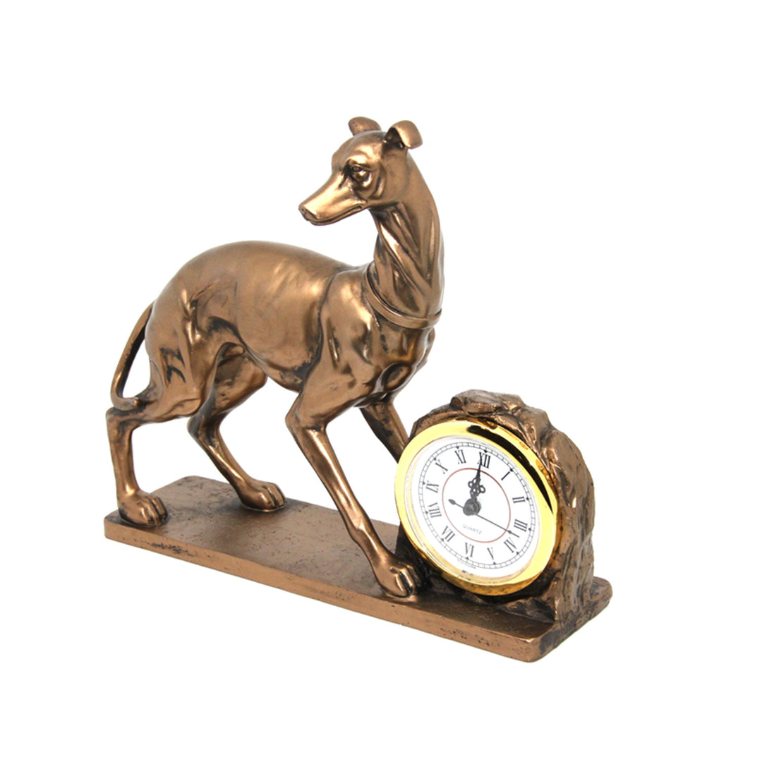 Hundfigur, diagram, klocka, dekorativ skulptur i brons, drottning Isabel