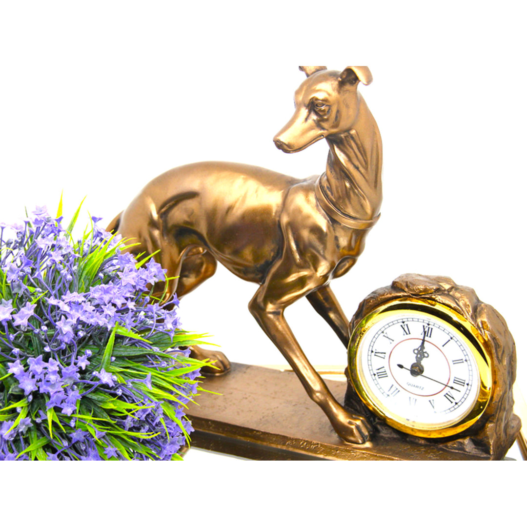 Hundfigur, diagram, klocka, dekorativ skulptur i brons, drottning Isabel