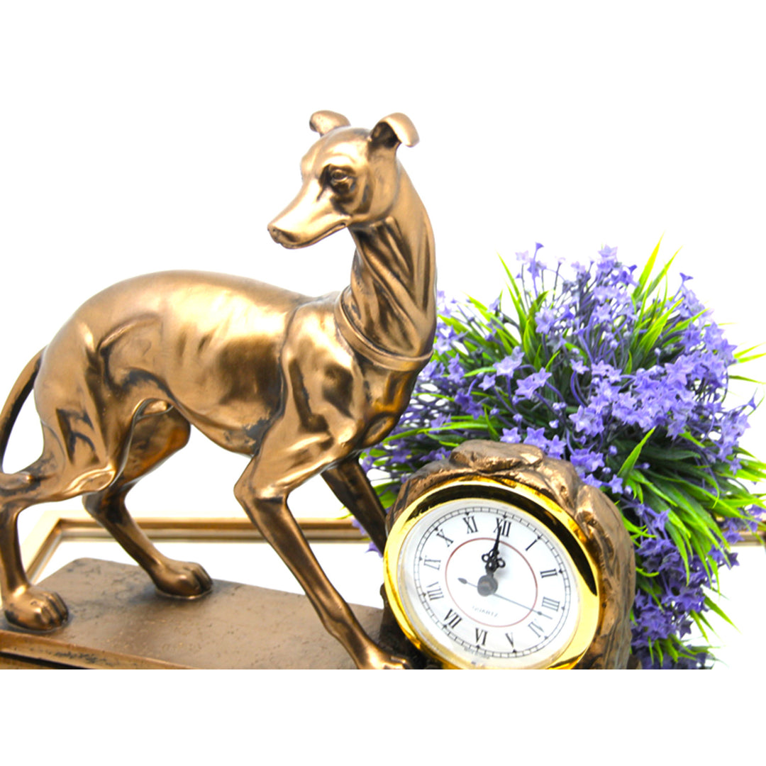 Hundfigur, diagram, klocka, dekorativ skulptur i brons, drottning Isabel