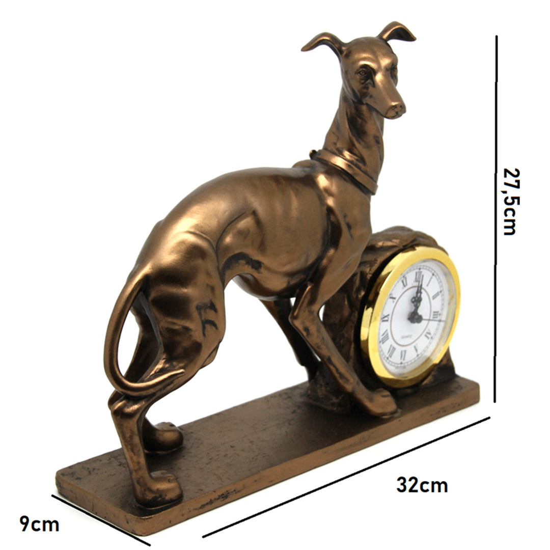 Hundfigur, diagram, klocka, dekorativ skulptur i brons, drottning Isabel