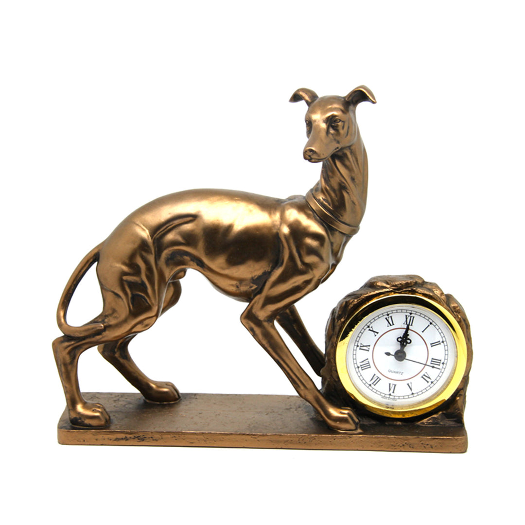 Hundfigur, diagram, klocka, dekorativ skulptur i brons, drottning Isabel