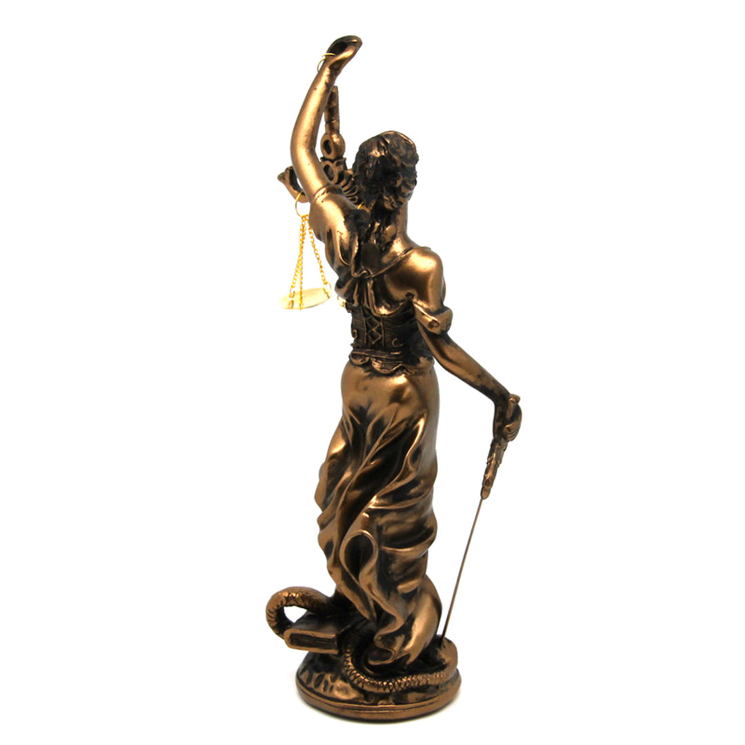 Figurin av Temida med våg och svärd, juridisk skulptur i brons, Drottning Isabel