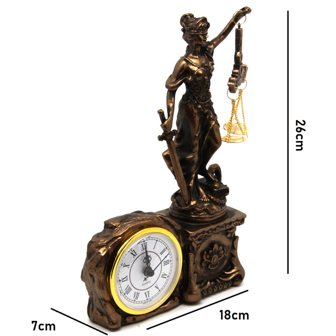 Figurin av Themis med våg och svärd, klocka, bronsdekor, drottning Isabel