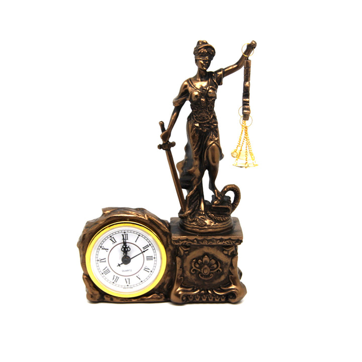 Figurin av Themis med våg och svärd, klocka, bronsdekor, drottning Isabel