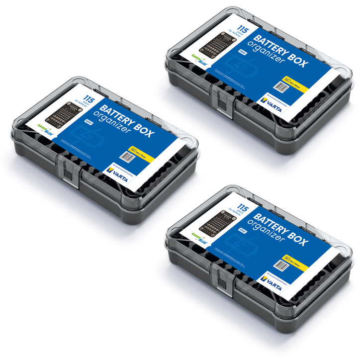 GreenBlue batteriorganisator, genomskinligt lock, 115 fack, Varta Box GB189, 3 st