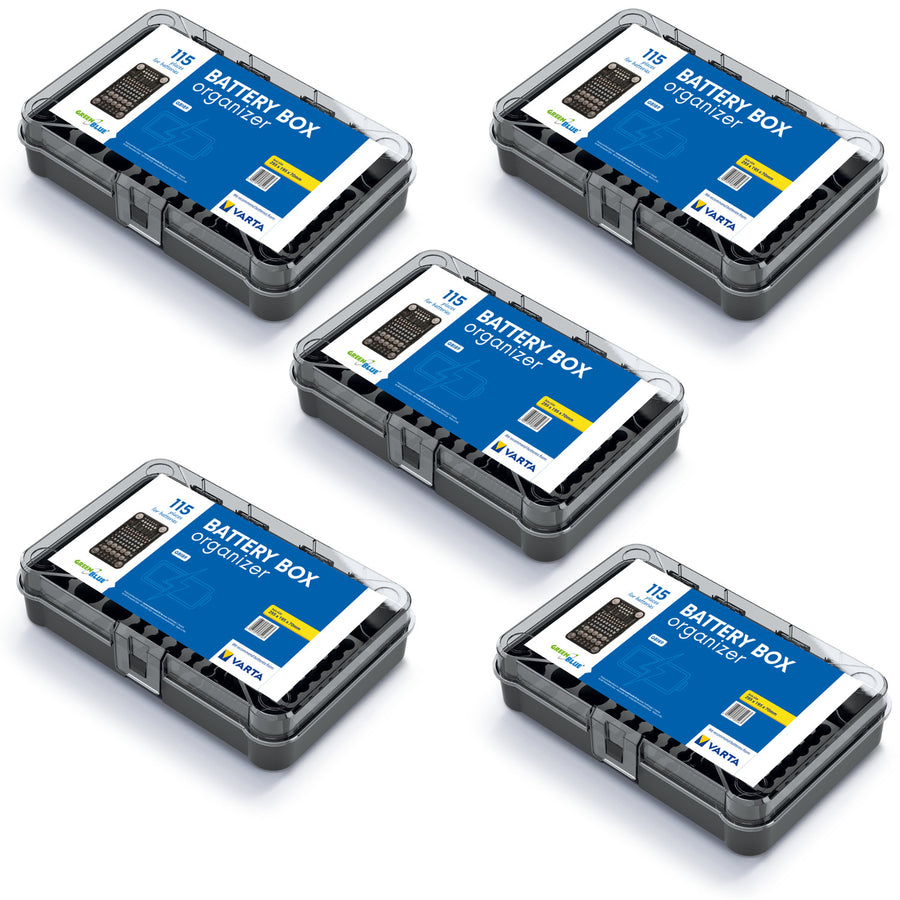 GreenBlue batteriorganisator, genomskinligt lock, 115 fack, Varta Box GB189, 5 st