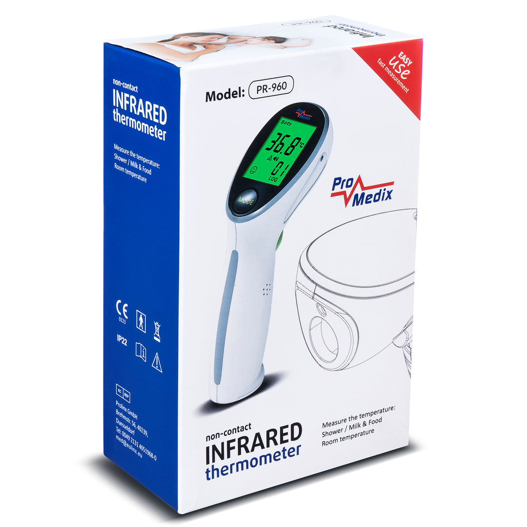 Promedix PR-960 beröringsfri infraröd medicinsk termometer + 2x AAA Varta Industrial-batterier
