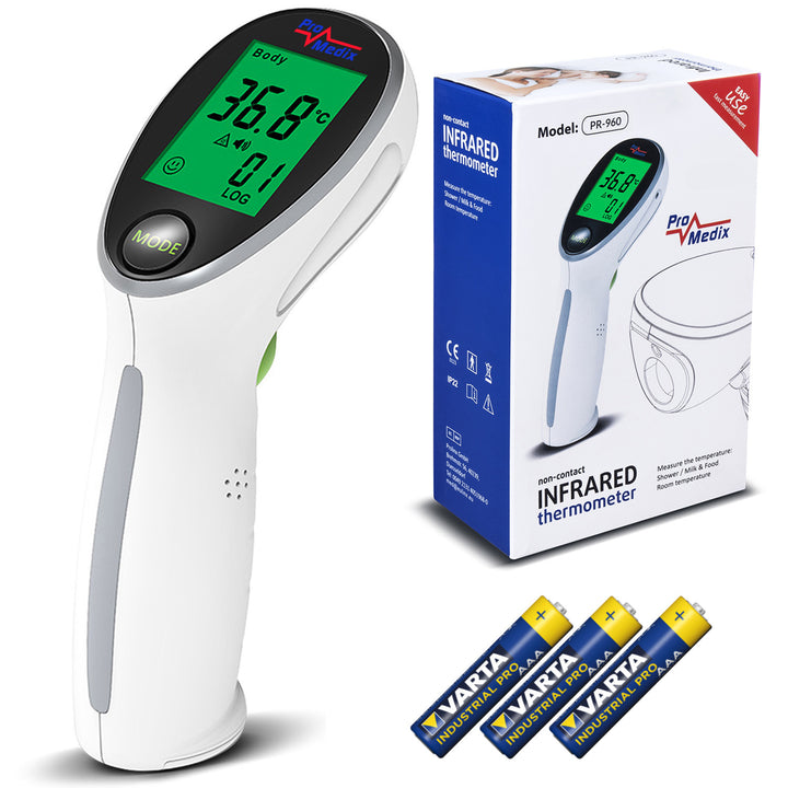 Promedix PR-960 beröringsfri infraröd medicinsk termometer + 2x AAA Varta Industrial-batterier