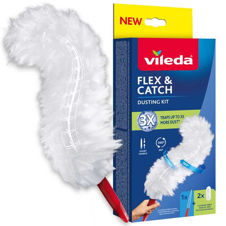 Vileda Flex&Catch dammkvast, med kort skaft, 2 patroner ingår, halkskydd, flexibelt huvud, 179432