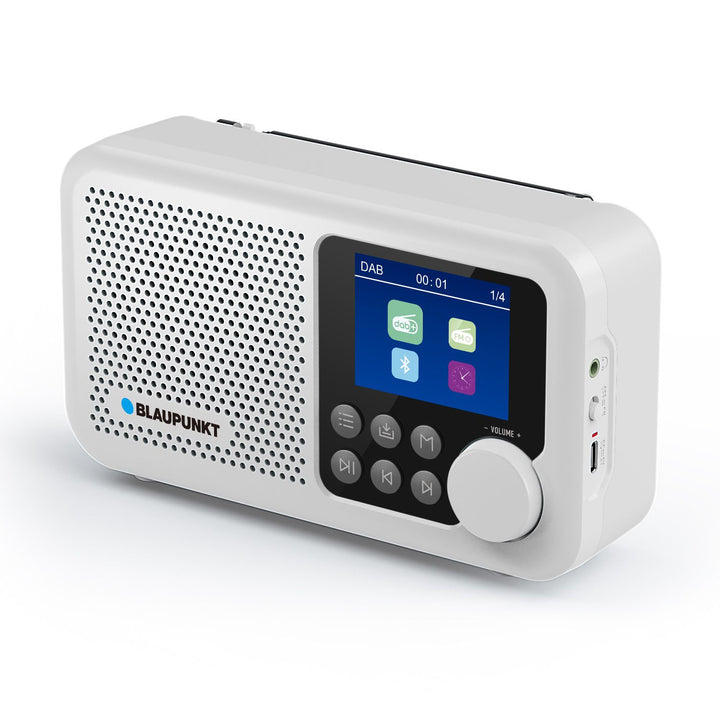 Blaupunkt Portable Radio, DAB+ digitalradio och FM-tuner, Bluetooth, hörlursutgång, 2,4 tums färgdisplay, klock- och alarmfunktion, batteridriven och uppladdningsbar via USB-C, DR8WH