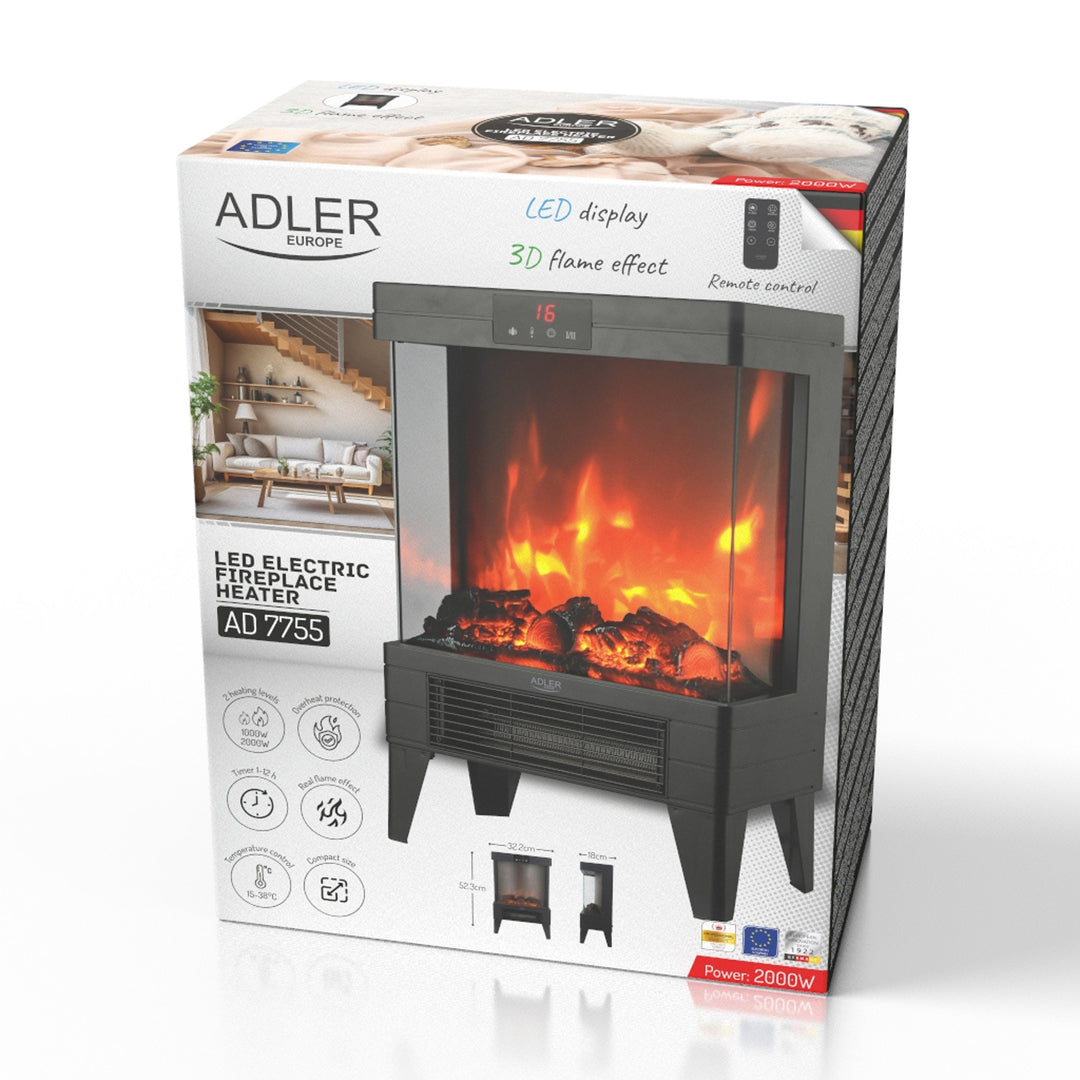 LED elektrisk öppen spis med fjärrkontroll, 2 värmeeffekter 1000W/2000W, termostat, Adler AD 7755