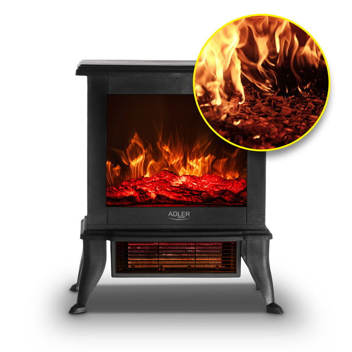 Adler elektrisk öppen spis, 2 värmenivåer, maxeffekt 1800W, termostat, 3D-lågeffekt, AD 7754