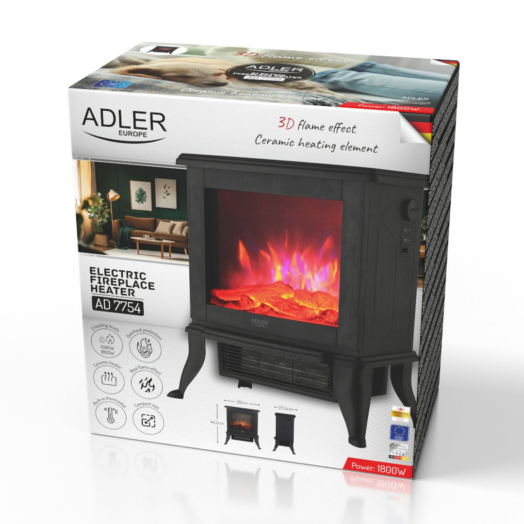 Adler elektrisk öppen spis, 2 värmenivåer, maxeffekt 1800W, termostat, 3D-lågeffekt, AD 7754