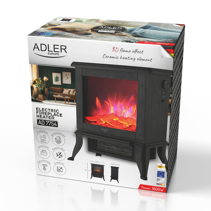 Adler elektrisk öppen spis, 2 värmenivåer, maxeffekt 1800W, termostat, 3D-lågeffekt, AD 7754